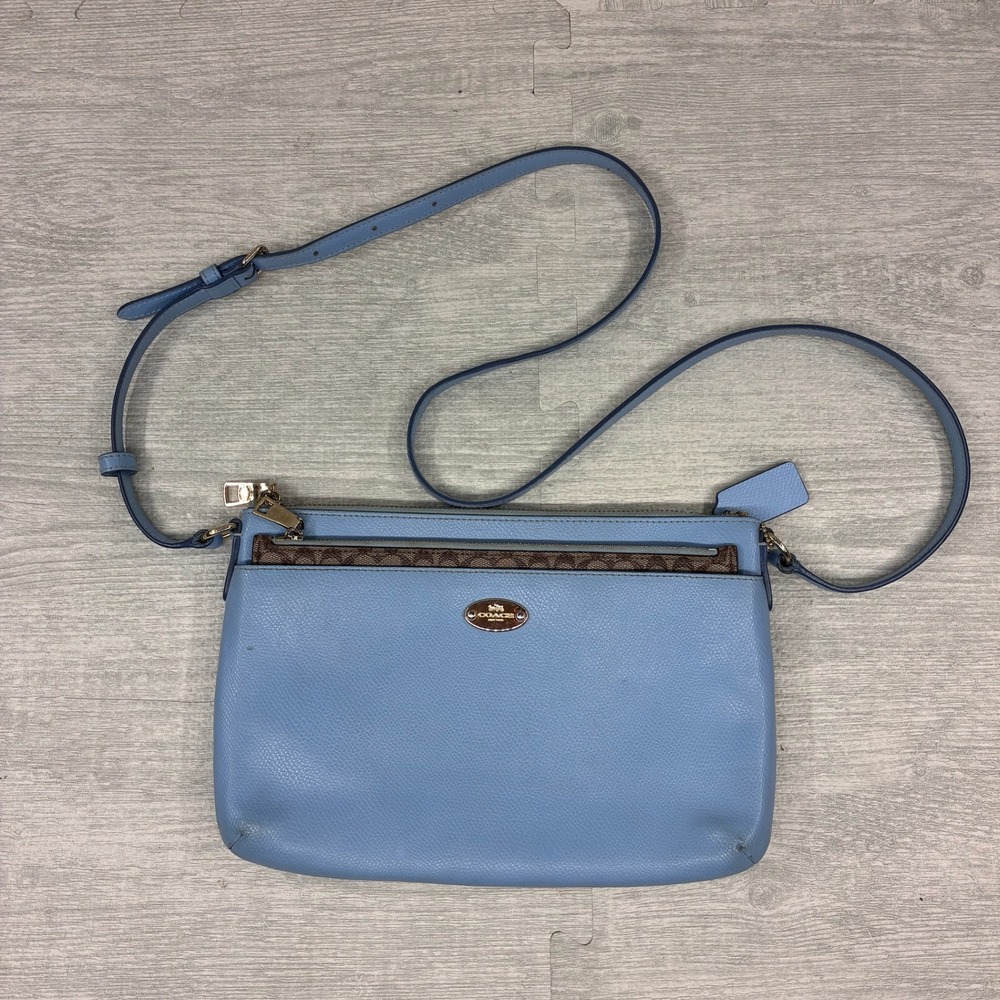 Coach Pop-up Pouch Crossbody Bag Women's Blue Leather Monogram Crossgrain